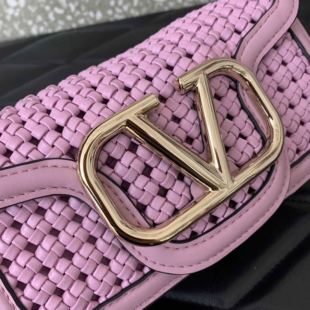 Valentino Garavani Loco Small Shoulder Bag in Pink Metallic Woven Leather 